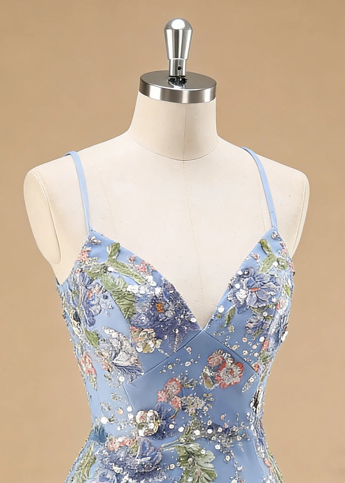 Maren Floral Blue Sparkly Dress Prom | Mermaid Spaghetti Strap V - Neck Beaded Formal Dress with Sequins - Blue - PromDressClub