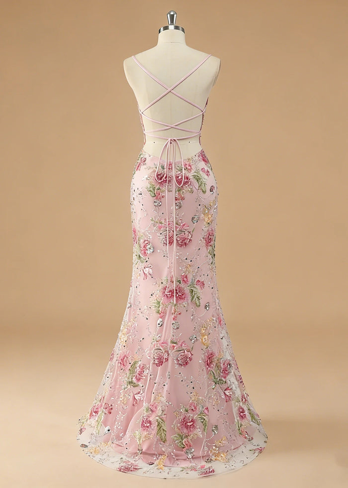 Maren Floral Pink Sparkly Dress Prom | Mermaid Spaghetti Strap V - Neck Beaded Formal Dress with Sequins - Pink - PromDressClub