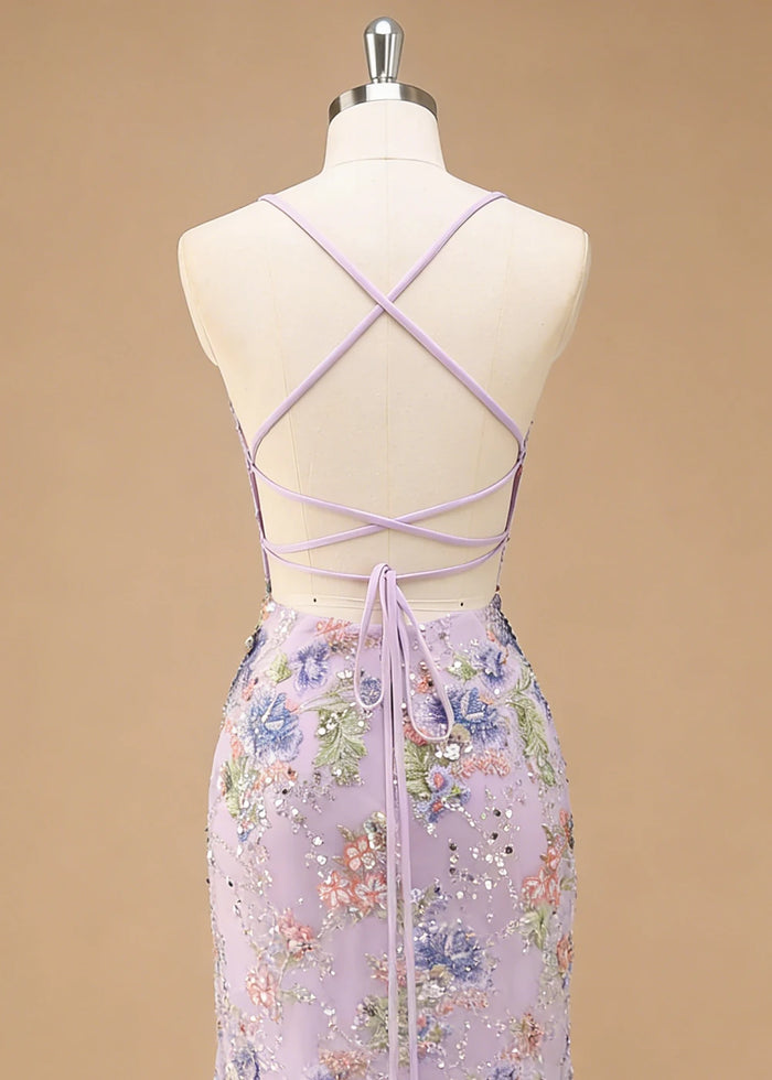 Maren Floral Lilac Sparkly Dress Prom | Mermaid Spaghetti Strap V - Neck Beaded Formal Dress with Sequins - Lilac - PromDressClub