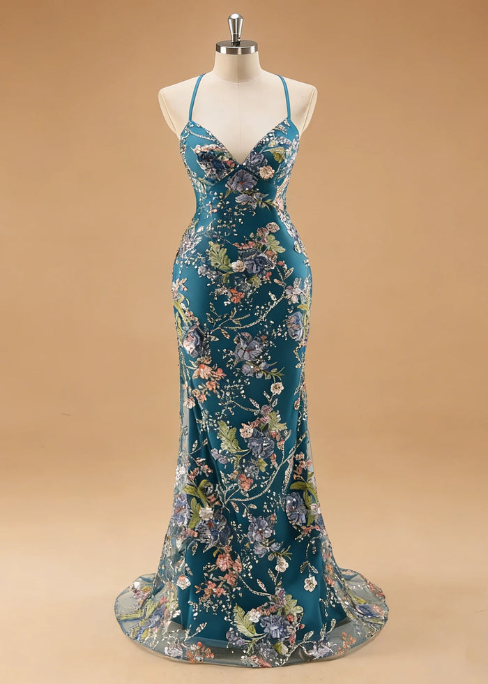 Maren Floral Peacock Sparkly Dress Prom | Mermaid Spaghetti Strap V - Neck Beaded Formal Dress with Sequins - Peacock - PromDressClub