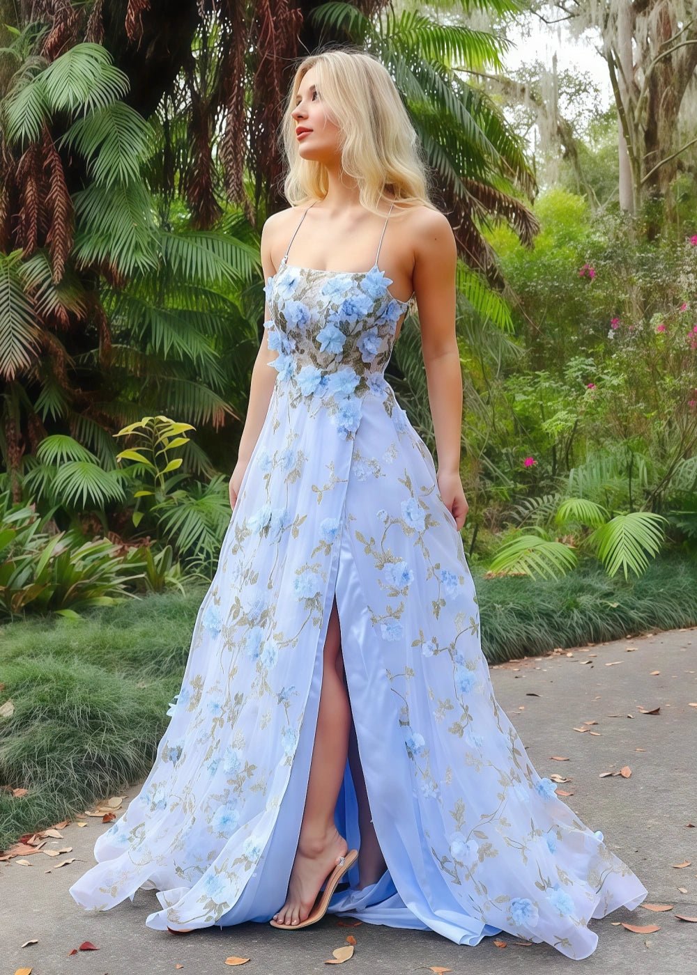 Margaret | Stunning Lavender Strapless Corset Flower Prom Dress with Slit - Lavender Floral - PromDressClub