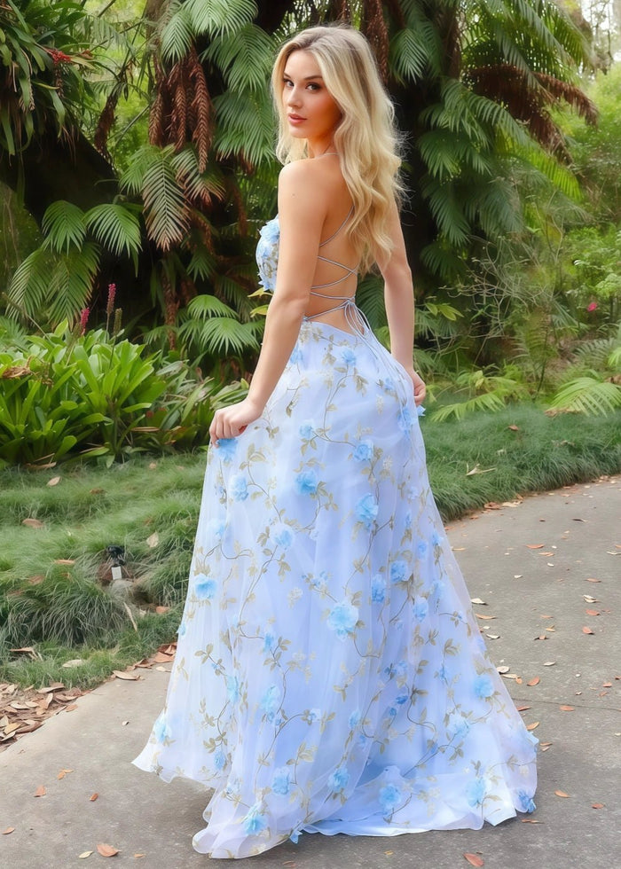 Margaret | Stunning Lavender Strapless Corset Flower Prom Dress with Slit - Lavender Floral - PromDressClub