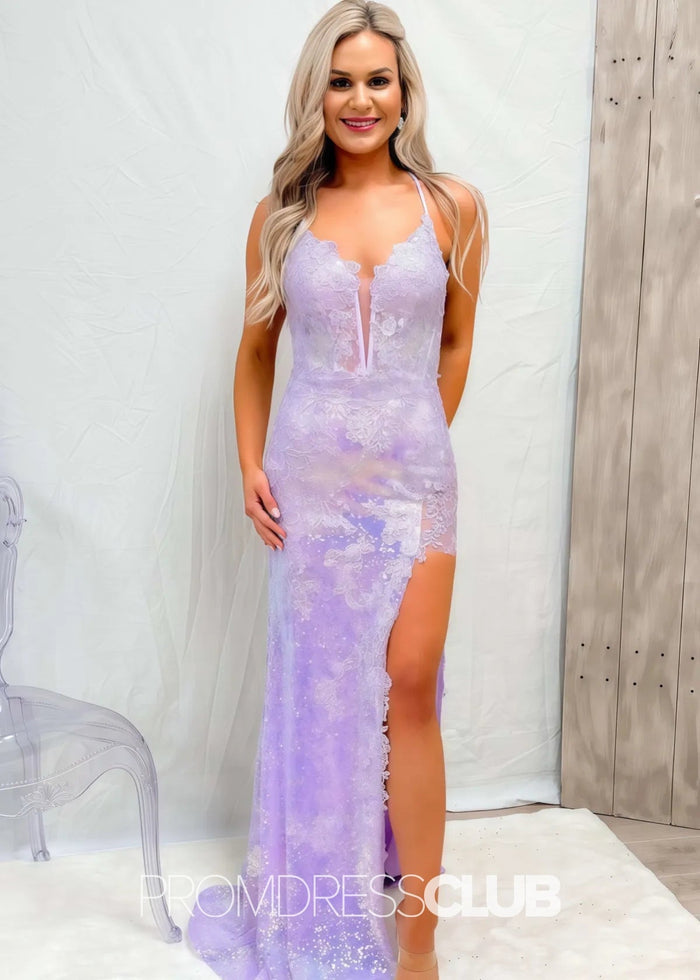 Maria |Long Pink Prom Dresses Near Me With Mermaid V Neck Sequined Lace Slit - Price #price_variant_lowest# - Lavender - PromDressClub