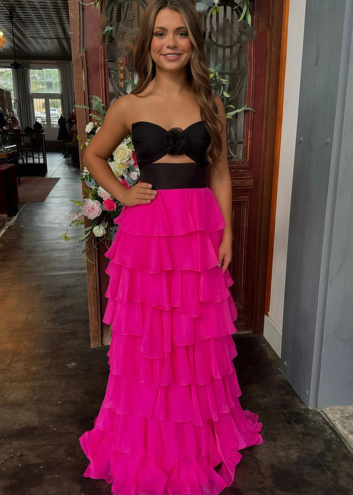 Marjorie | A - Line Sweetheart Chiffon Tiered Long Royal Blue Prom Dress with Slit - Black Fuchsia - PromDressClub