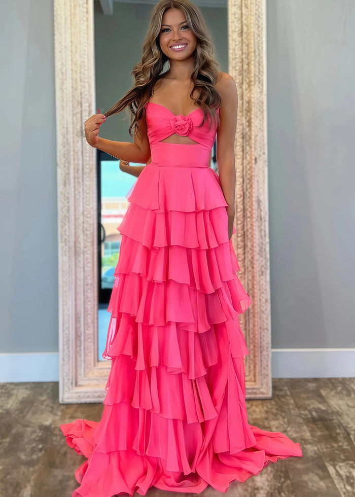 Marjorie | A - Line Sweetheart Chiffon Tiered Long Royal Blue Prom Dress with Slit - Coral - PromDressClub