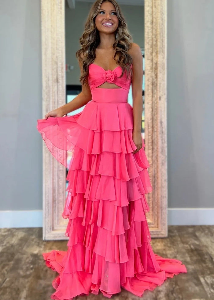 Marjorie | A - Line Sweetheart Chiffon Tiered Long Royal Blue Prom Dress with Slit - Coral - PromDressClub