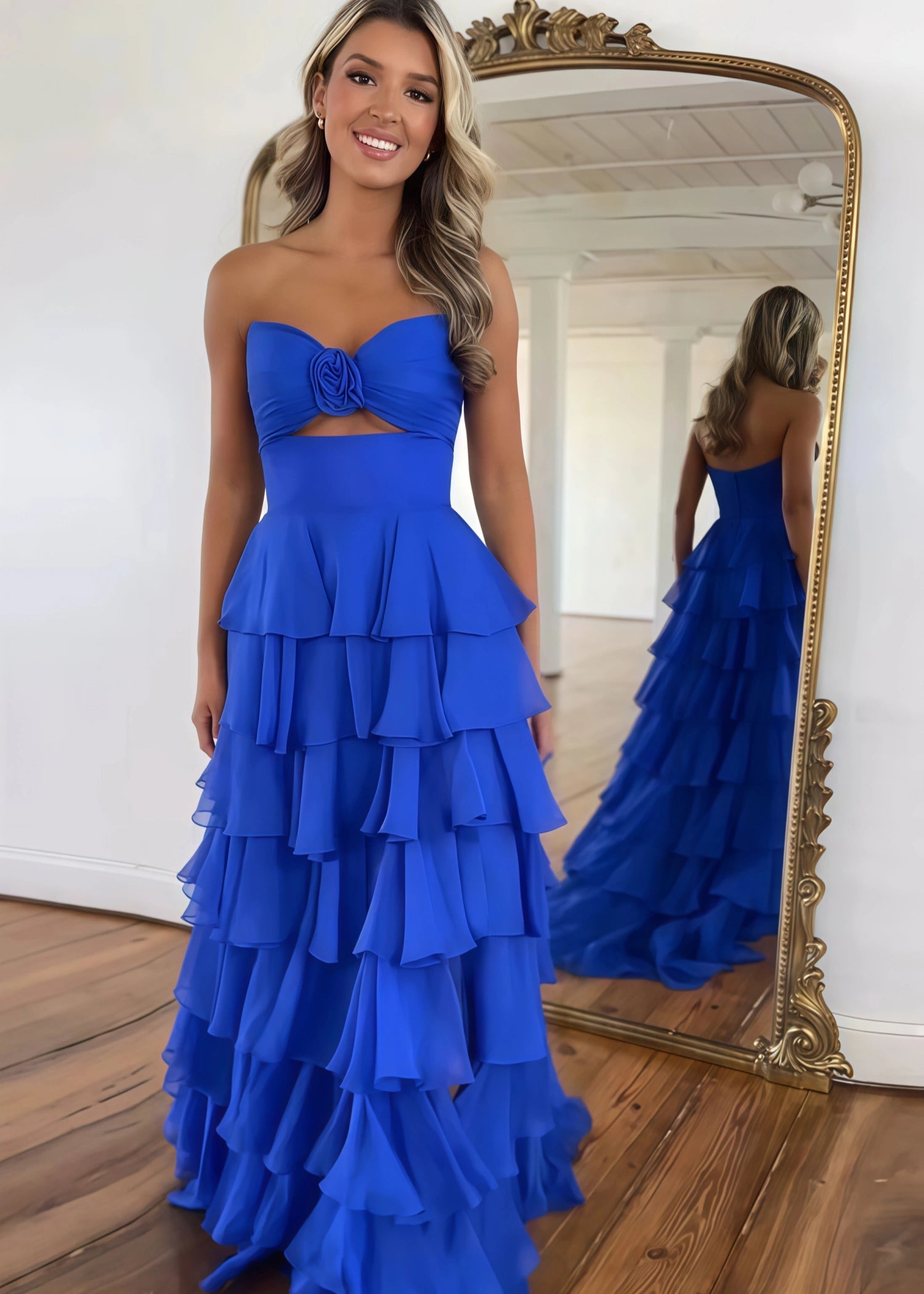 Marjorie | A - Line Sweetheart Chiffon Tiered Long Royal Blue Prom Dress with Slit - Royal Blue - PromDressClub