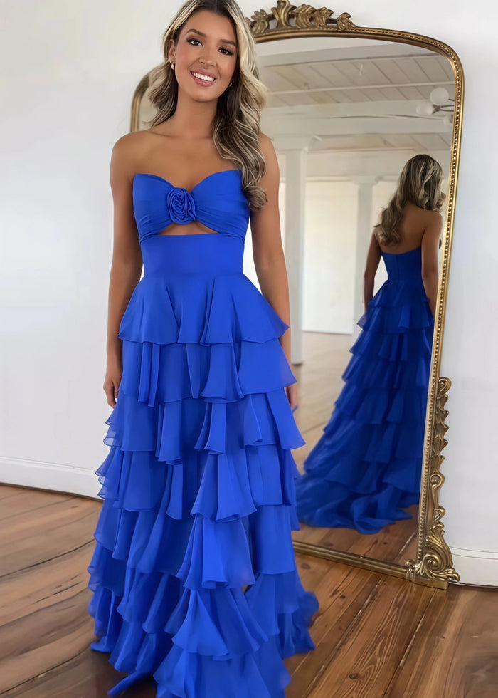 Marjorie | A - Line Sweetheart Chiffon Tiered Long Royal Blue Prom Dress with Slit - Royal Blue - PromDressClub