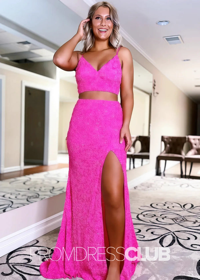 Marjorie |Long Orange Prom Dresses Near Me With Two Piece V Neck Mermaid Sequins Slit - Price #price_variant_lowest# - Hot Pink - PromDressClub