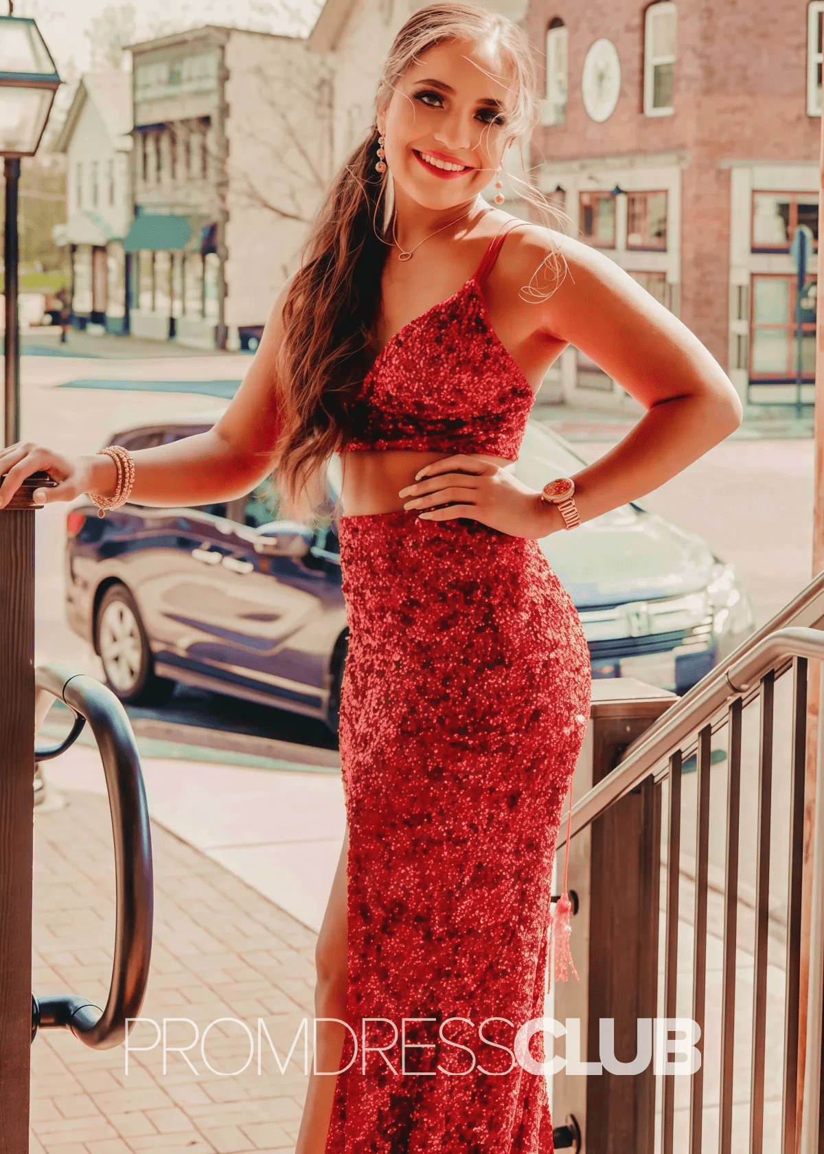 Marjorie |Long Orange Prom Dresses Near Me With Two Piece V Neck Mermaid Sequins Slit - Price #price_variant_lowest# - Red - PromDressClub