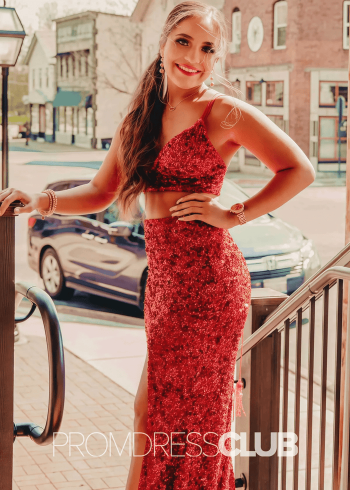 Marjorie |Long Orange Prom Dresses Near Me With Two Piece V Neck Mermaid Sequins Slit - Price #price_variant_lowest# - Red - PromDressClub