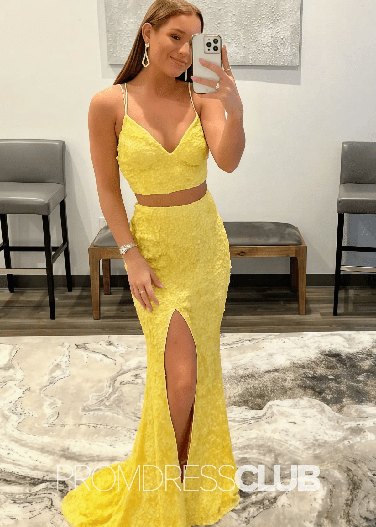 Marjorie |Long Orange Prom Dresses Near Me With Two Piece V Neck Mermaid Sequins Slit - Price #price_variant_lowest# - Yellow - PromDressClub