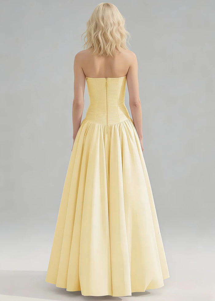 Marn Strapless Prom Dress Yellow | A - Line Pleated Wedding Guest Dress with Slit - Yellow - PromDressClub