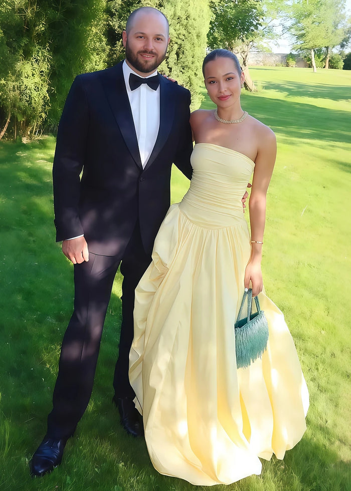 Marn Strapless Prom Dress Yellow | A - Line Pleated Wedding Guest Dress with Slit - Yellow - PromDressClub