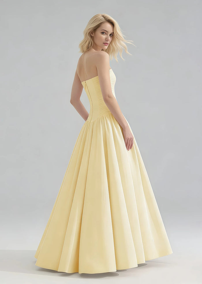 Marn Strapless Prom Dress Yellow | A - Line Pleated Wedding Guest Dress with Slit - Yellow - PromDressClub
