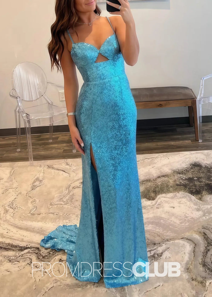 Martha |Black Long Prom Dresses Near Me With Sheath Spaghetti Strap Sequin Mermaid Slit - Price #price_variant_lowest# - Blue - PromDressClub