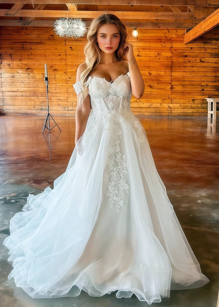 Martha | Boho Black and White Off the Shoulder Sweetheart Neck Wedding Dress with Long Train - White - PromDressClub