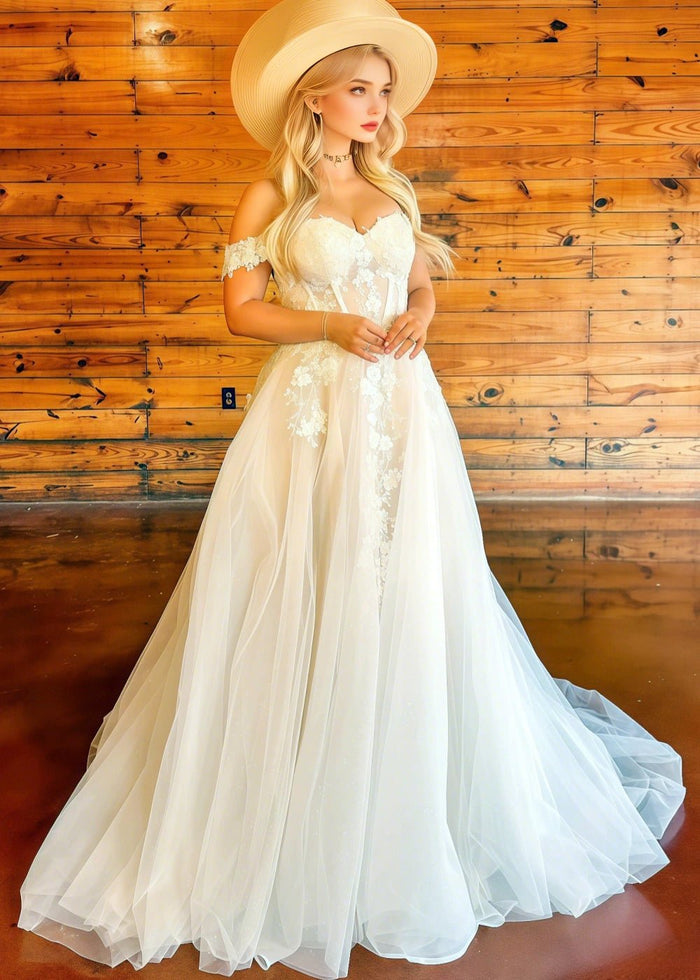 Martha | Boho Black and White Off the Shoulder Sweetheart Neck Wedding Dress with Long Train - White - PromDressClub