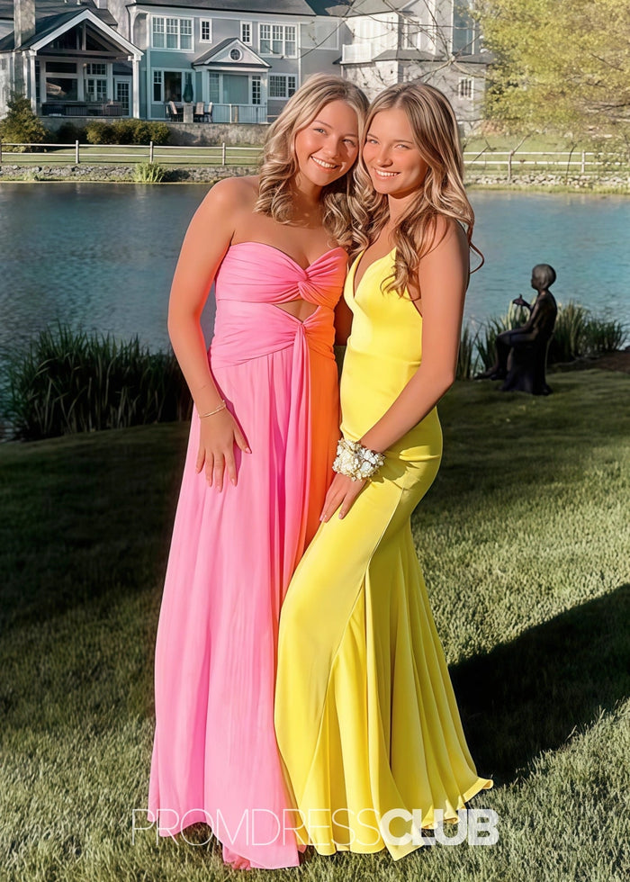 Martina | A Line Keyhole Yellow Long Prom Dress Stores Near Me - Price #price_variant_lowest# - Light Pink - PromDressClub