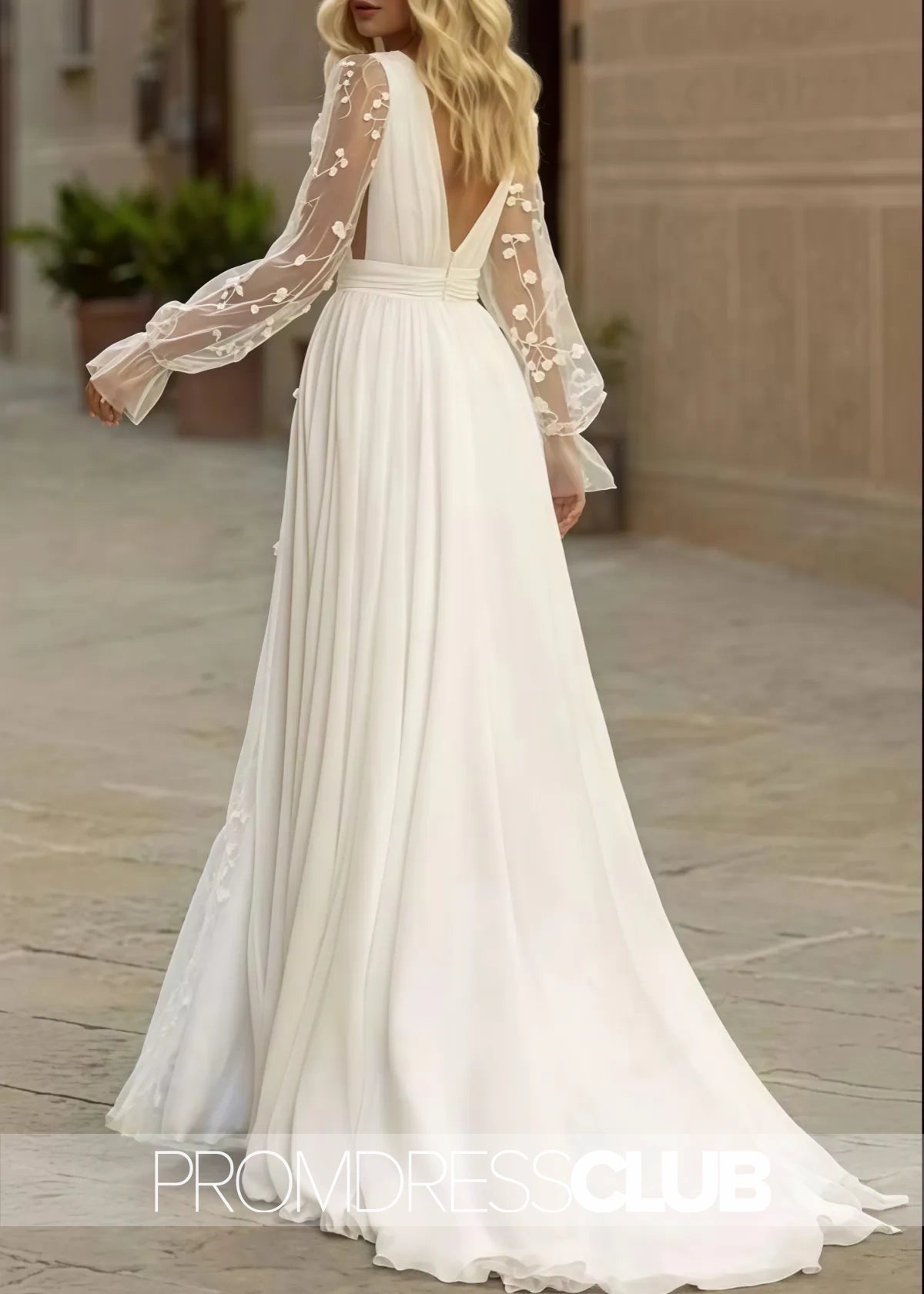Martina |Long Fall Wedding Dresses Near Me With Sleeve Boho Flowy Lace A - Line V - Neck Beach Gown Split Front and Sweep Train - Price #price_variant_lowest# - White - PromDressClub