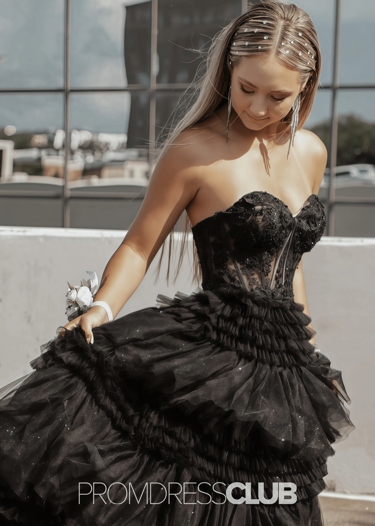 Mary | A Line Lace Appliques Tiered White Maxi Formal Dress Stores Near Me - Price #price_variant_lowest# - Black - PromDressClub