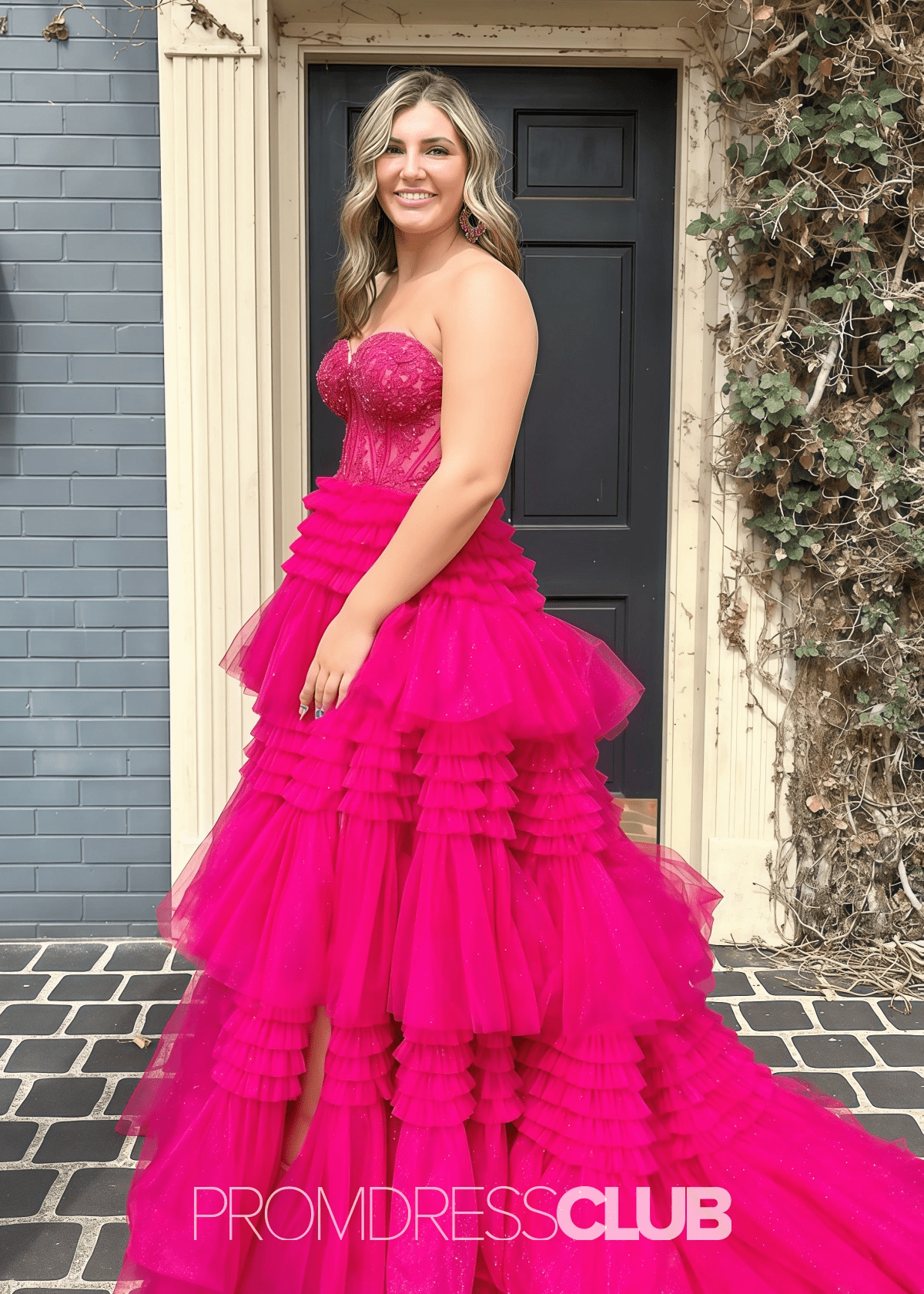Mary | A Line Lace Appliques Tiered White Maxi Formal Dress Stores Near Me - Price #price_variant_lowest# - Hot Pink - PromDressClub