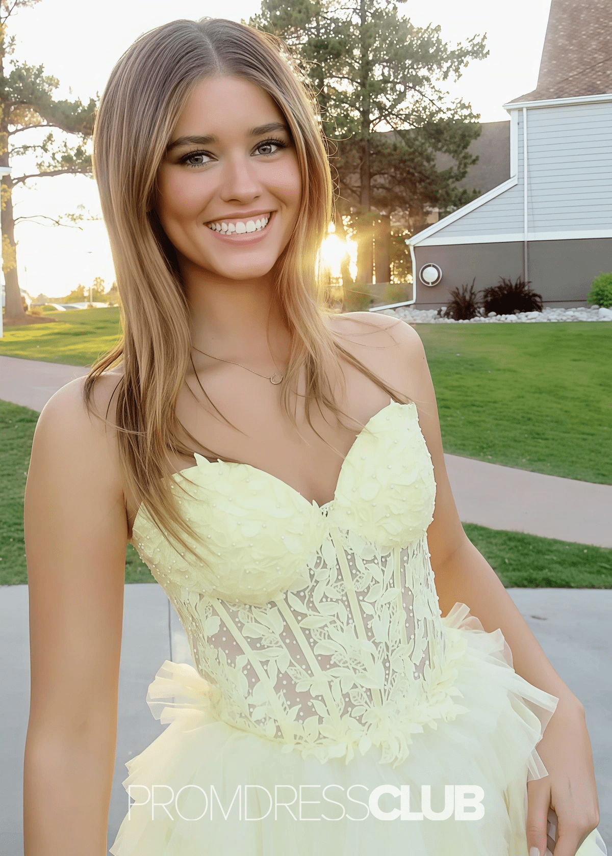 Mary | A Line Lace Appliques Tiered White Maxi Formal Dress Stores Near Me - Price #price_variant_lowest# - Yellow - PromDressClub