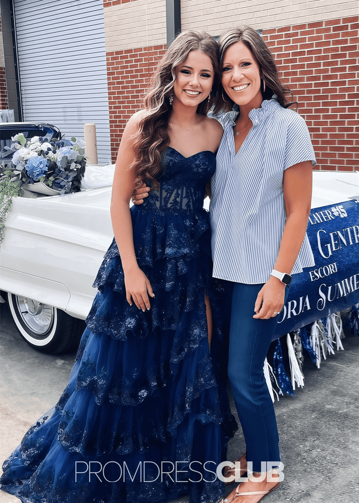 blue dresses near me Maud | A Line Sequin Appliques Tiered Navy Blue Maxi Formal Dress Stores Near Me