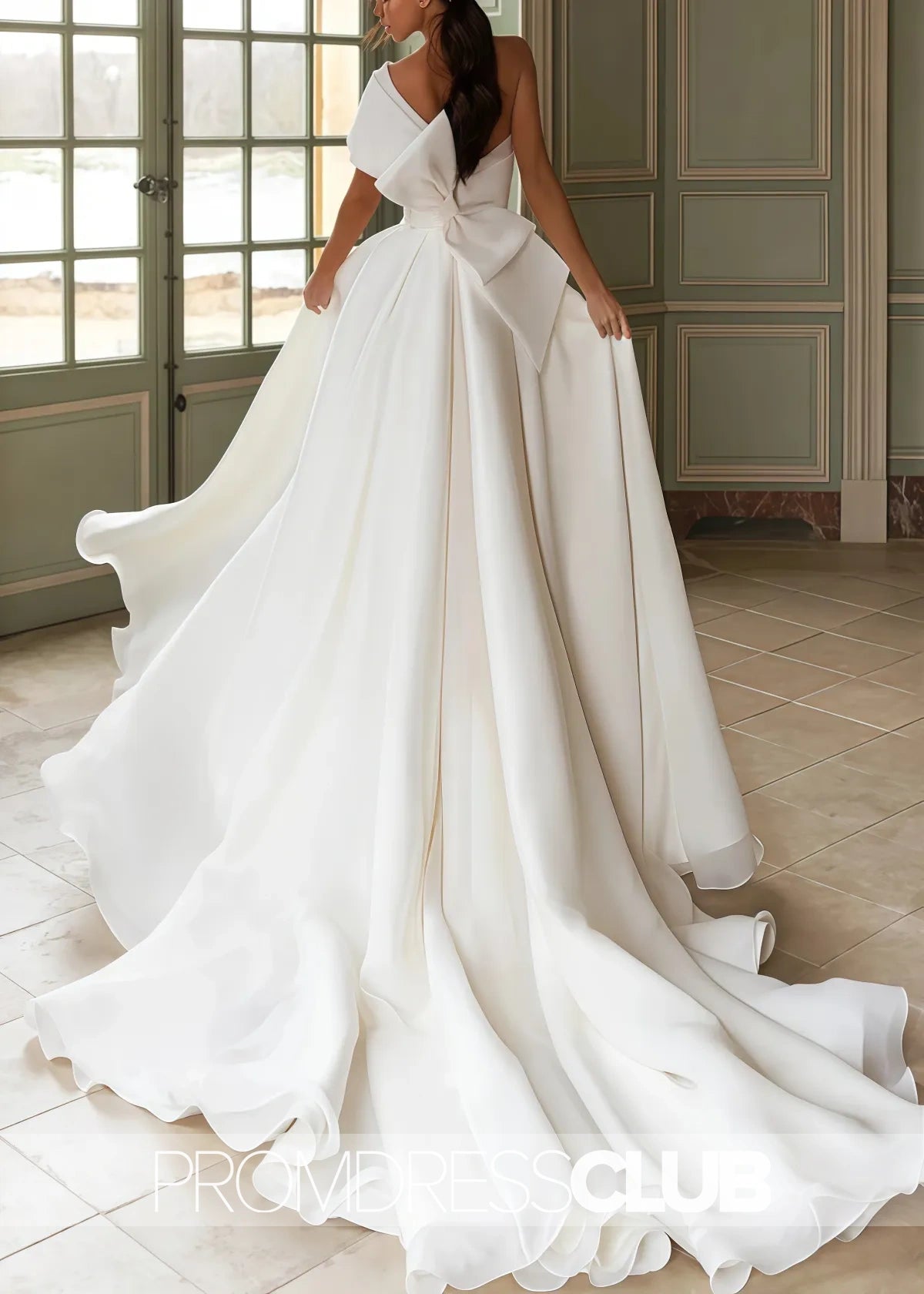 Maud |Long Fall Wedding Dresses Near Me With A - Line One - Shoulder Organza Sweep Train Appliques Lace - Price #price_variant_lowest# - White - PromDressClub