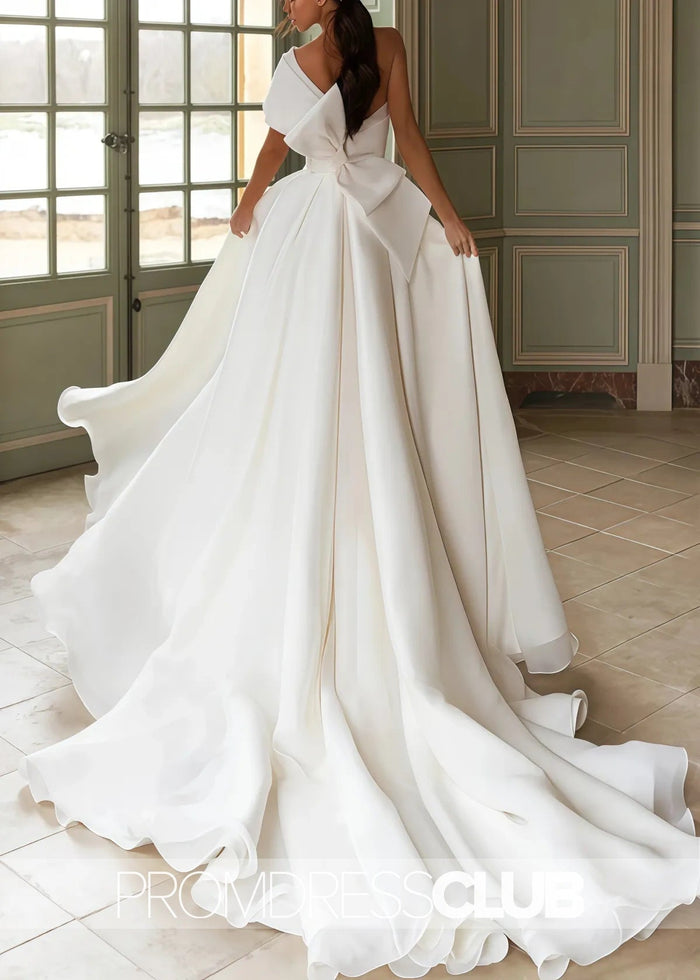 Maud |Long Fall Wedding Dresses Near Me With A - Line One - Shoulder Organza Sweep Train Appliques Lace - Price #price_variant_lowest# - White - PromDressClub