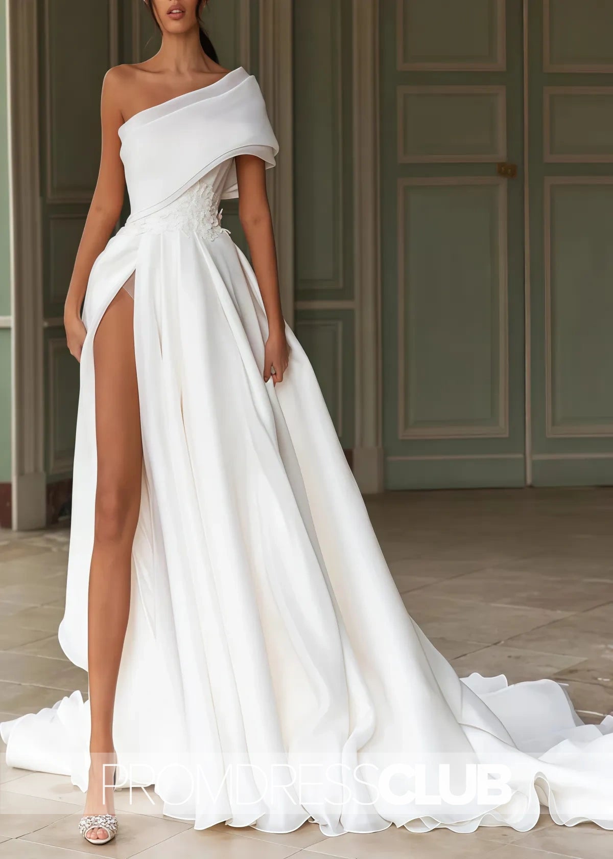 Maud |Long Fall Wedding Dresses Near Me With A - Line One - Shoulder Organza Sweep Train Appliques Lace - Price #price_variant_lowest# - White - PromDressClub
