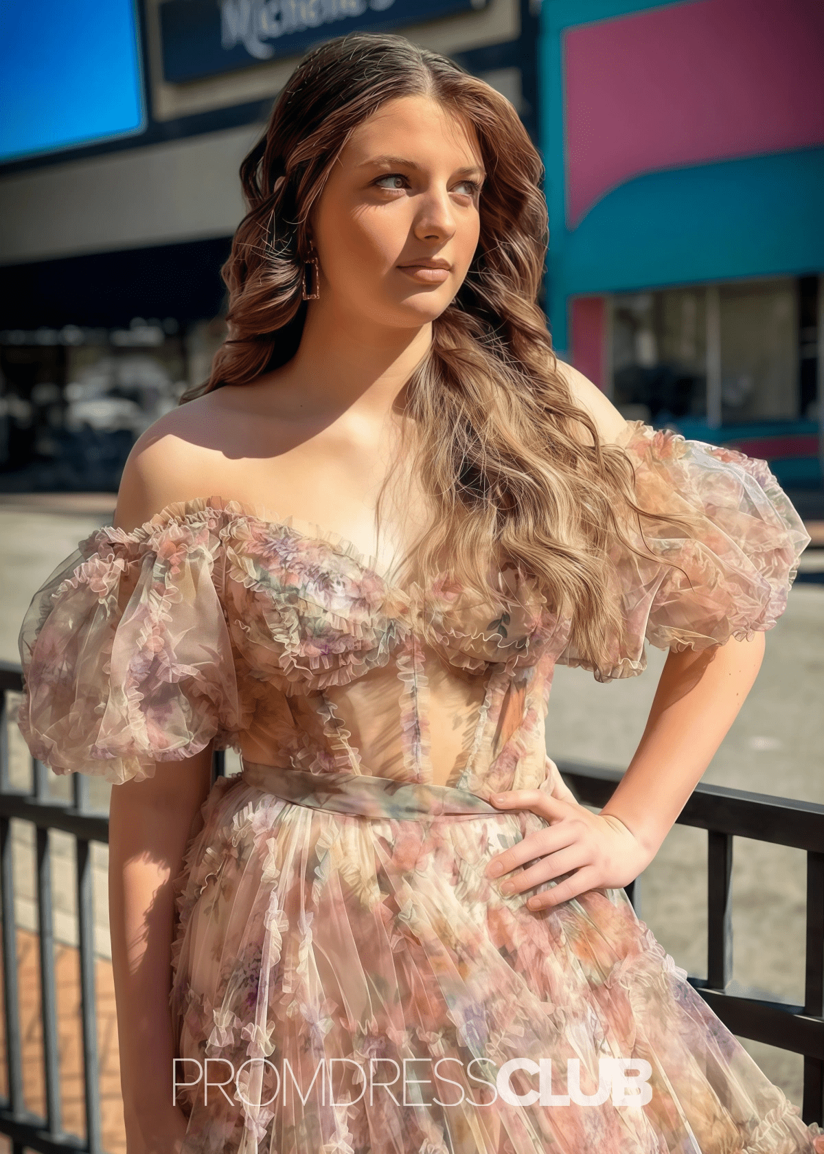 Maureen | A Line Champagne Floral Print Long Prom Dress Stores Near Me - Price #price_variant_lowest# - Champagne Floral - PromDressClub