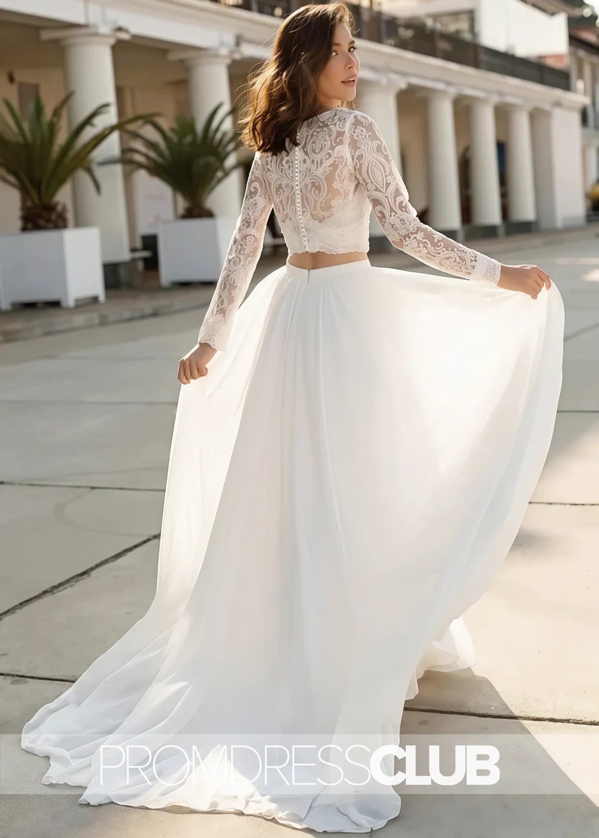 Maureen |Fall Long Wedding Dresses Near Me With Two Piece V - neck Sweep Train Lace Long Sleeves - Price #price_variant_lowest# - White - PromDressClub