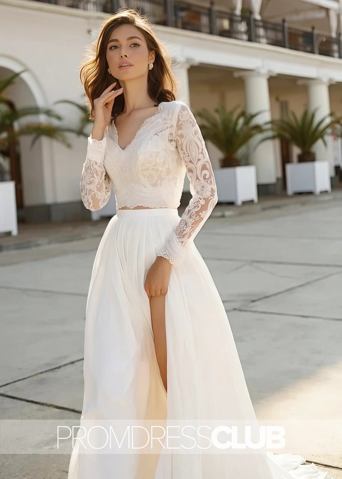Maureen |Fall Long Wedding Dresses Near Me With Two Piece V - neck Sweep Train Lace Long Sleeves - Price #price_variant_lowest# - White - PromDressClub