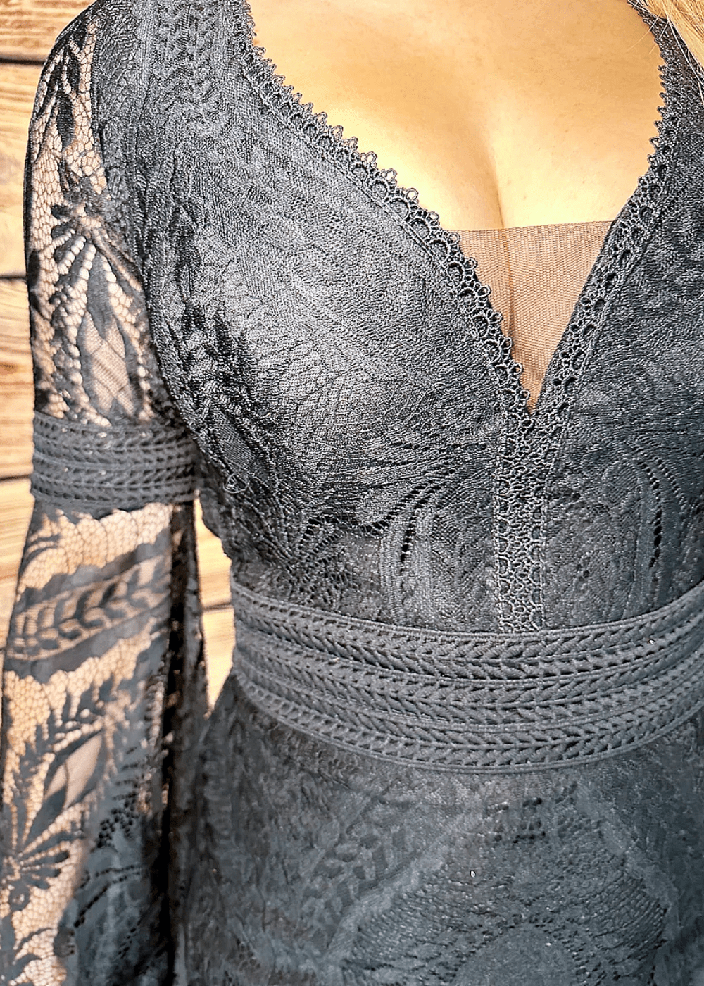 Maureen | Gothic Black V Neck Corset Backless Bell Sleeve Lace Wedding Dress - Black - PromDressClub