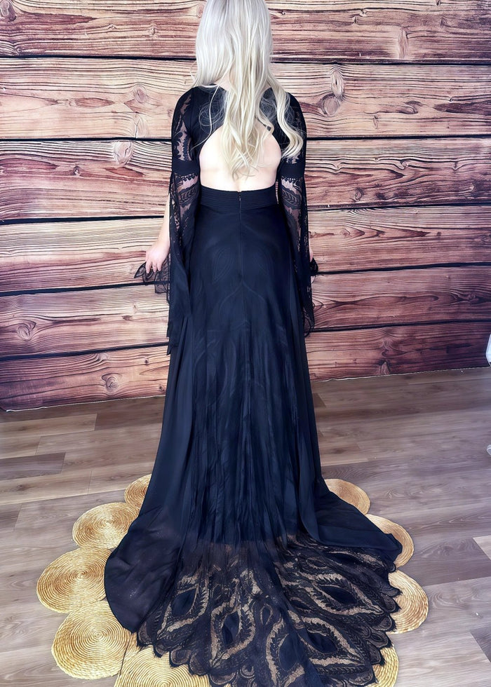 Maureen | Gothic Black V Neck Corset Backless Bell Sleeve Lace Wedding Dress - Black - PromDressClub