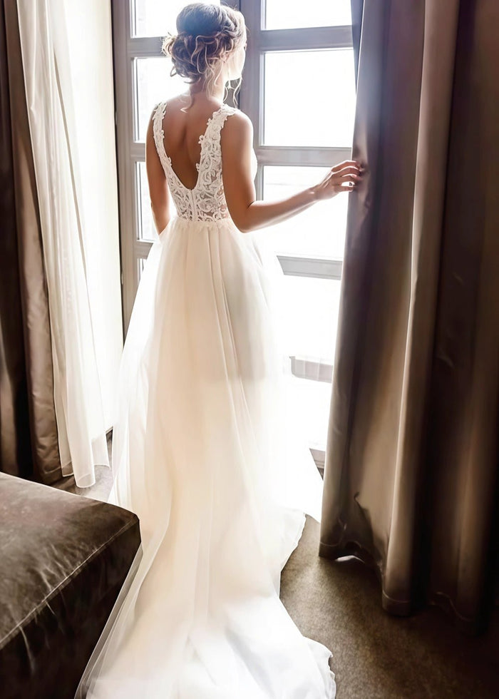 Maureen | Stunning Lace and Chiffon Bridal Gown - Perfect for Your Dream Wedding - Ivory - PromDressClub