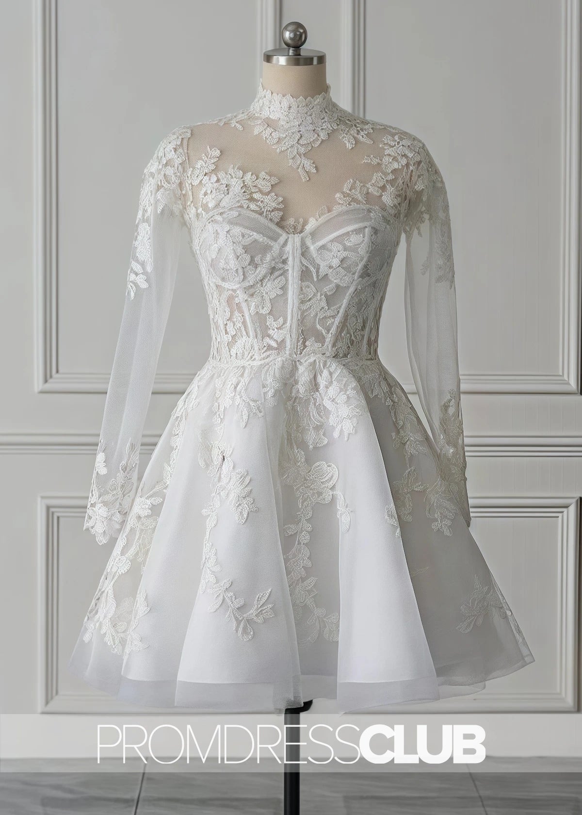 Mavis |Short White Wedding Dresses Near Me With A - Line Illusion Neck Long Sleeves Lace - Price #price_variant_lowest# - White - PromDressClub