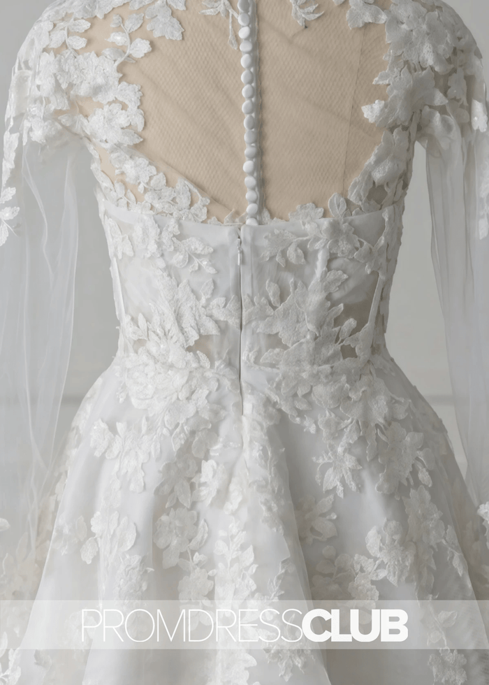 Mavis |Short White Wedding Dresses Near Me With A - Line Illusion Neck Long Sleeves Lace - Price #price_variant_lowest# - White - PromDressClub
