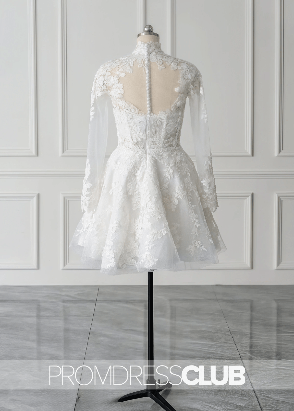 Mavis |Short White Wedding Dresses Near Me With A - Line Illusion Neck Long Sleeves Lace - Price #price_variant_lowest# - White - PromDressClub