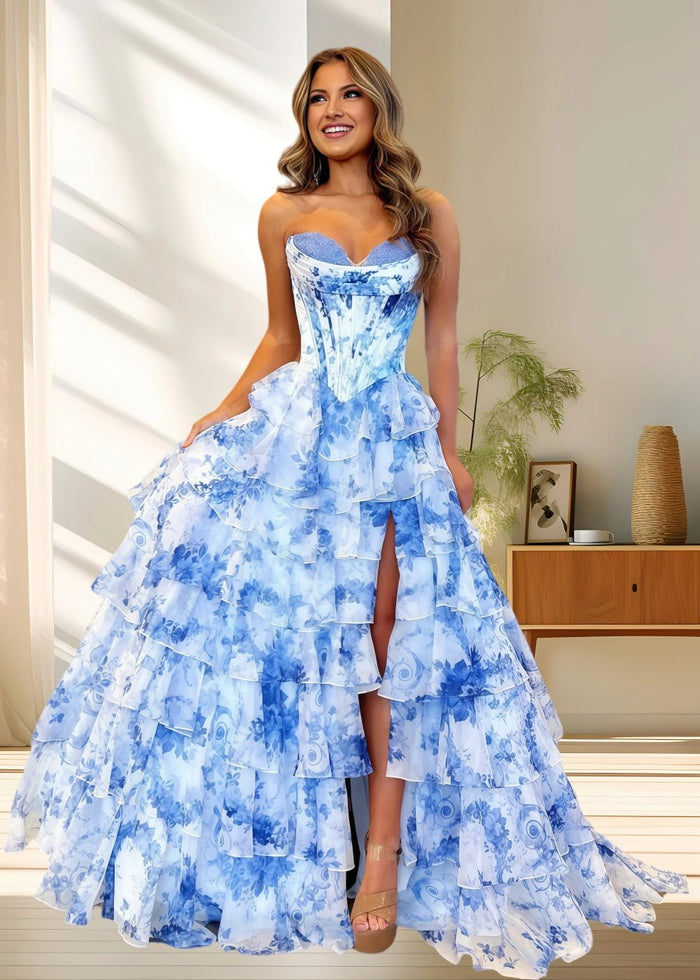 Maxine | Light Pink Floral Strapless Corset Ruffle Prom Dress with Slit - Light Blue Floral - PromDressClub