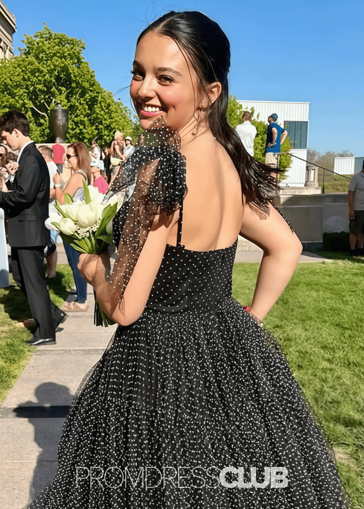May | A Line Polk Dots Black Tulle Long Prom Dress Near Me - Price #price_variant_lowest# - Black - PromDressClub