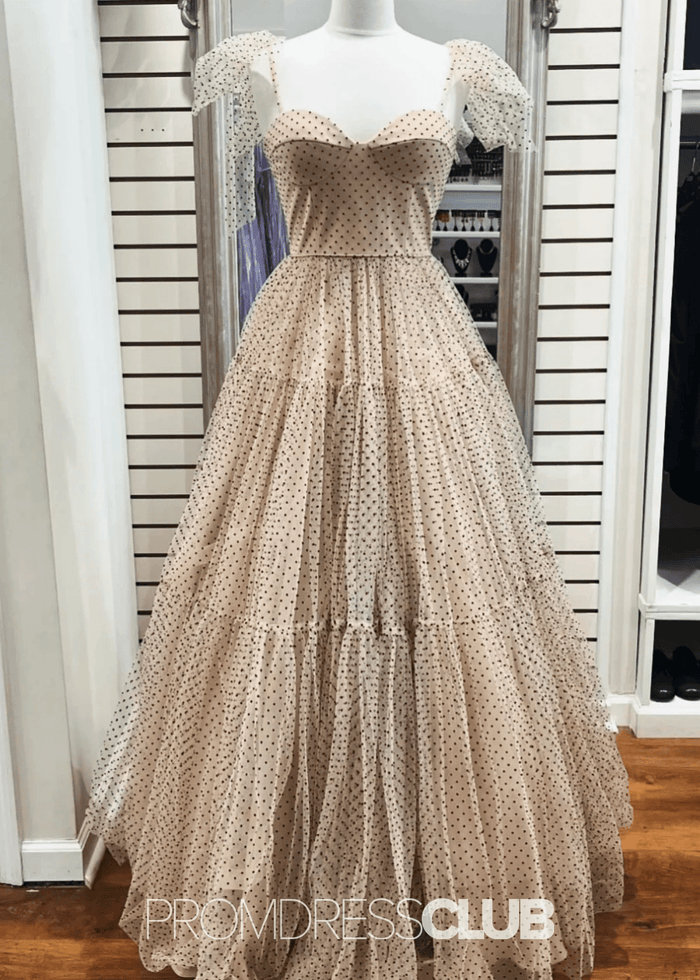 May | A Line Polk Dots Black Tulle Long Prom Dress Near Me - Price #price_variant_lowest# - Champagne - PromDressClub