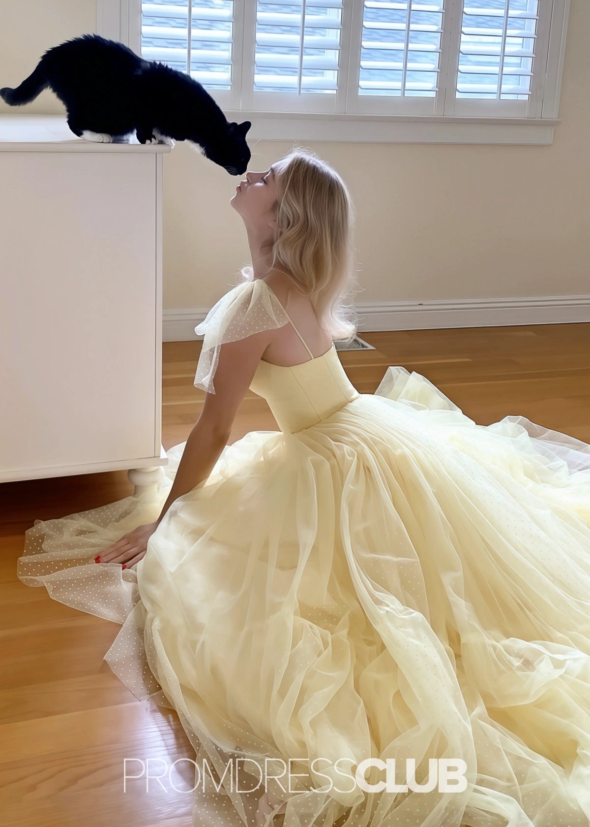 May | A Line Polk Dots Black Tulle Long Prom Dress Near Me - Price #price_variant_lowest# - Yellow - PromDressClub