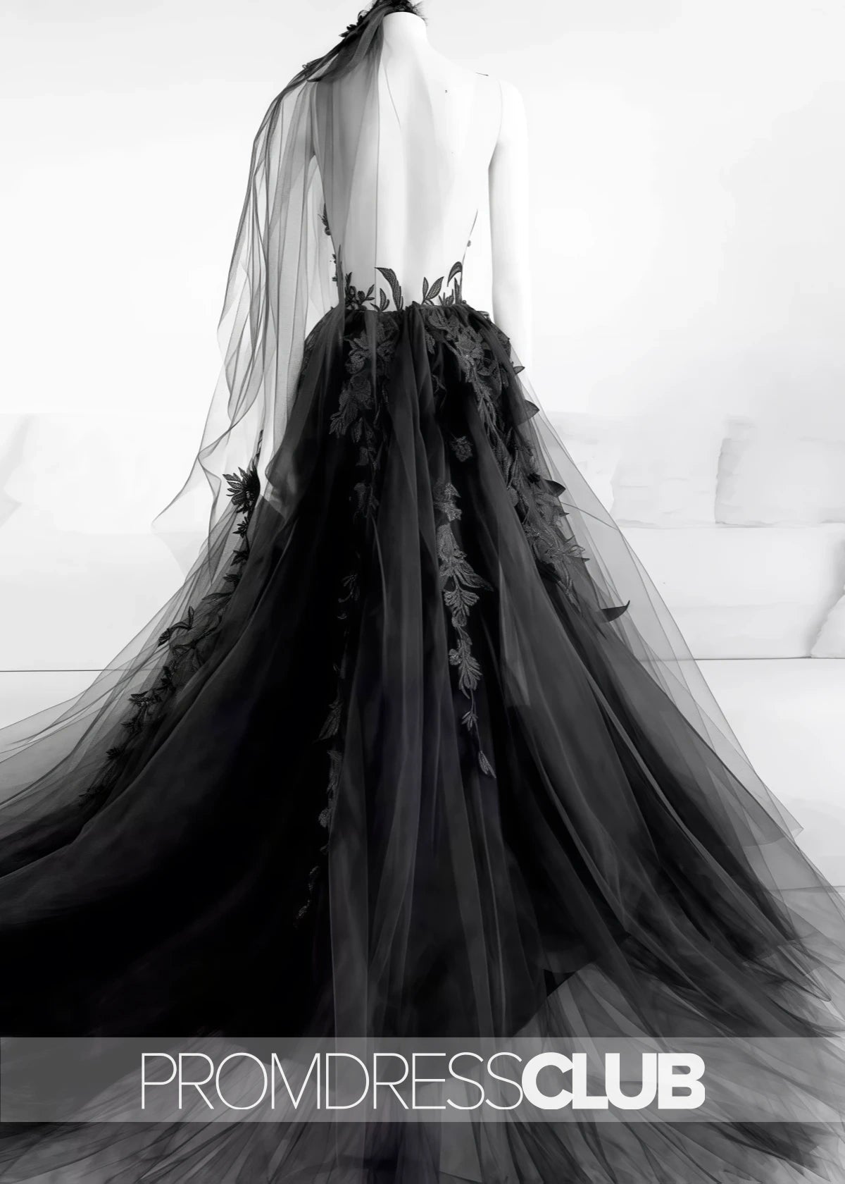 Megan |Long Black Wedding Dresses Near Me With Sexy Black Lace Appliques Sleeveless Tulle Backless Veil - Price #price_variant_lowest# - Black - PromDressClub