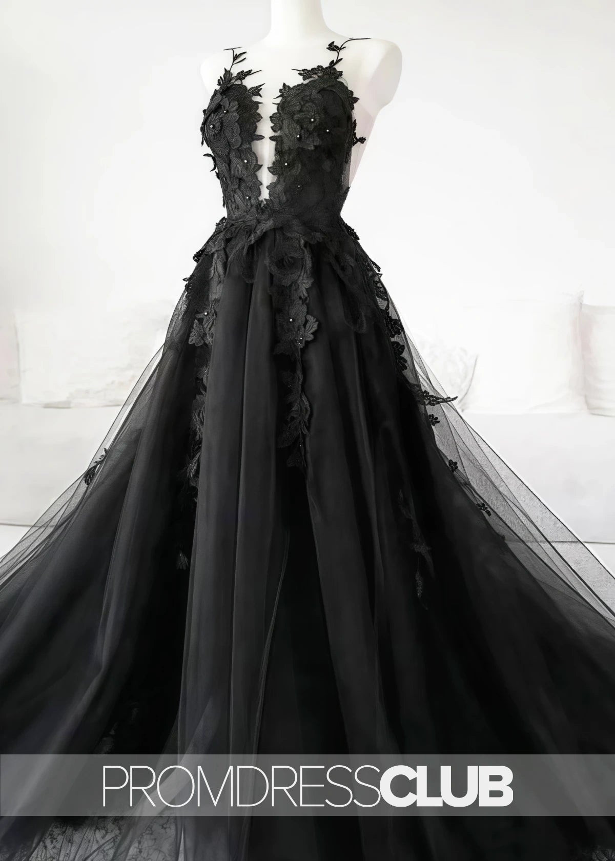 Megan |Long Black Wedding Dresses Near Me With Sexy Black Lace Appliques Sleeveless Tulle Backless Veil - Price #price_variant_lowest# - Black - PromDressClub