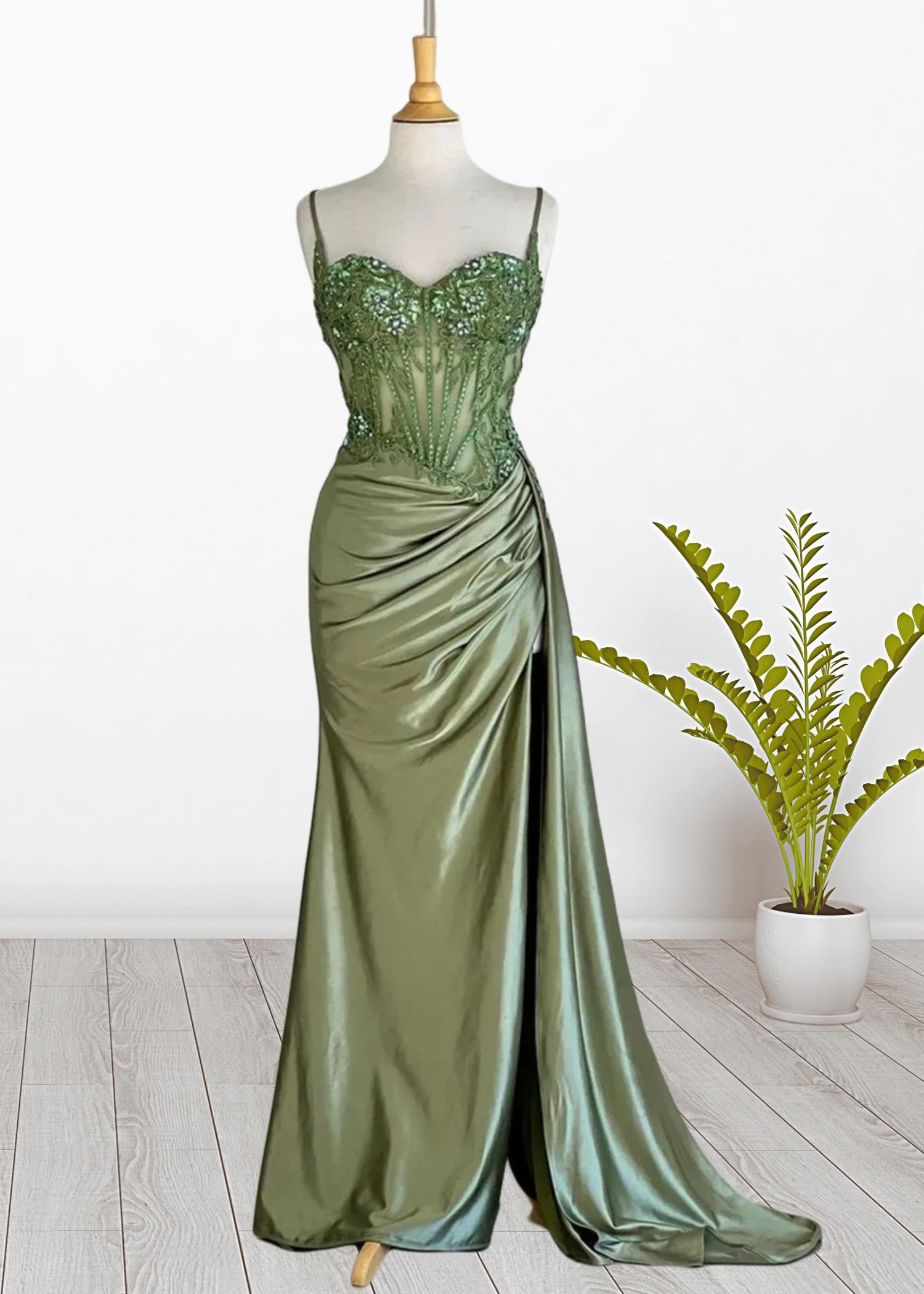 Paula | Silver Emerald Green Mermaid Corset Pleated Satin Formal Dress with Train - Sage - PromDressClub