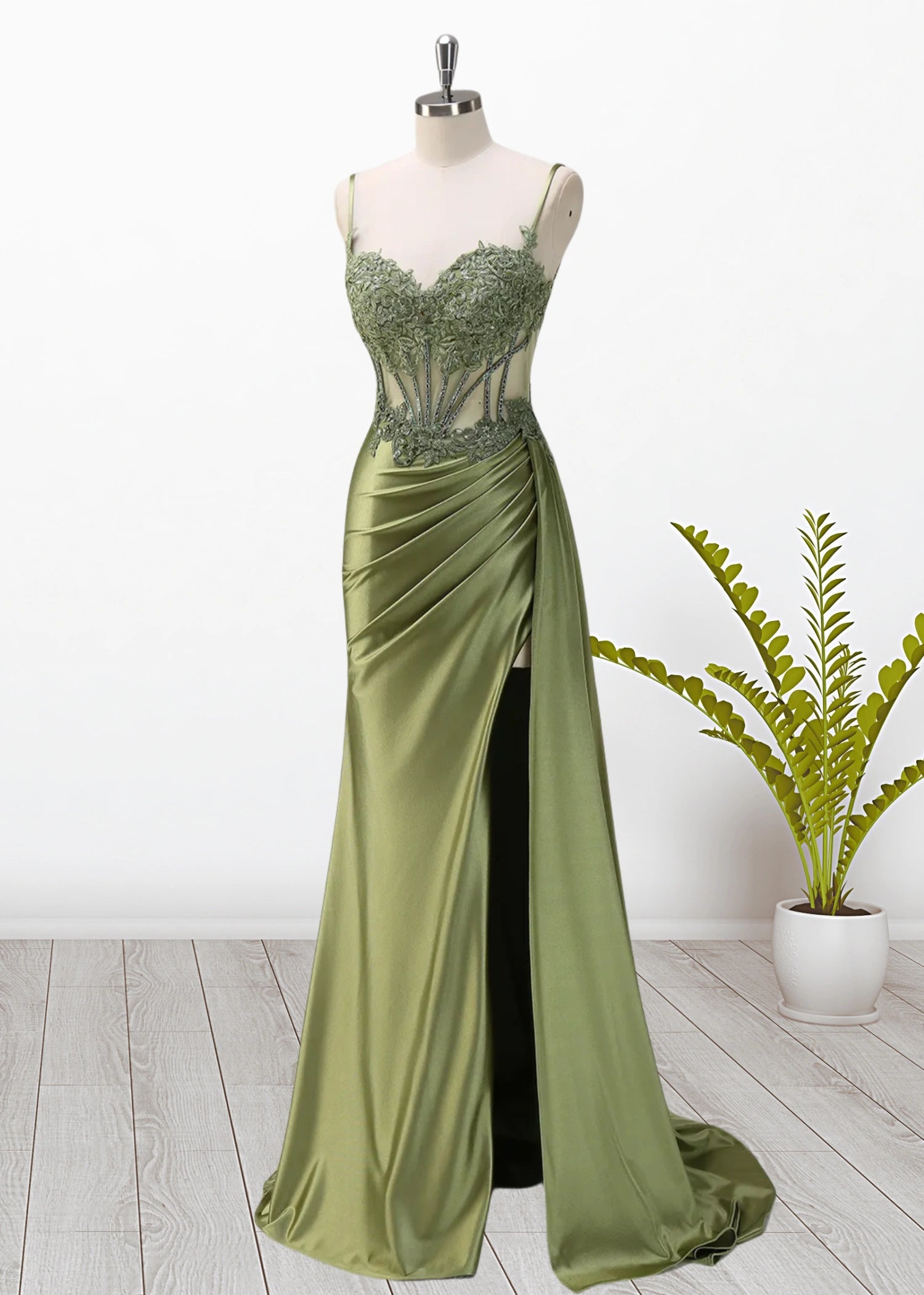 Paula | Silver Emerald Green Mermaid Corset Pleated Satin Formal Dress with Train - Sage - PromDressClub