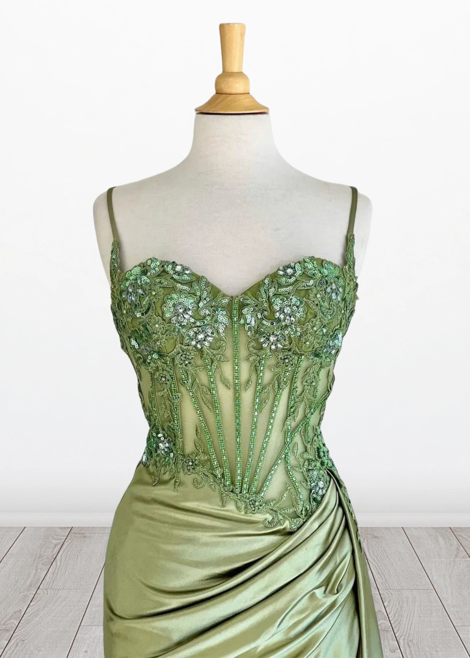 Paula | Silver Emerald Green Mermaid Corset Pleated Satin Formal Dress with Train - Sage - PromDressClub