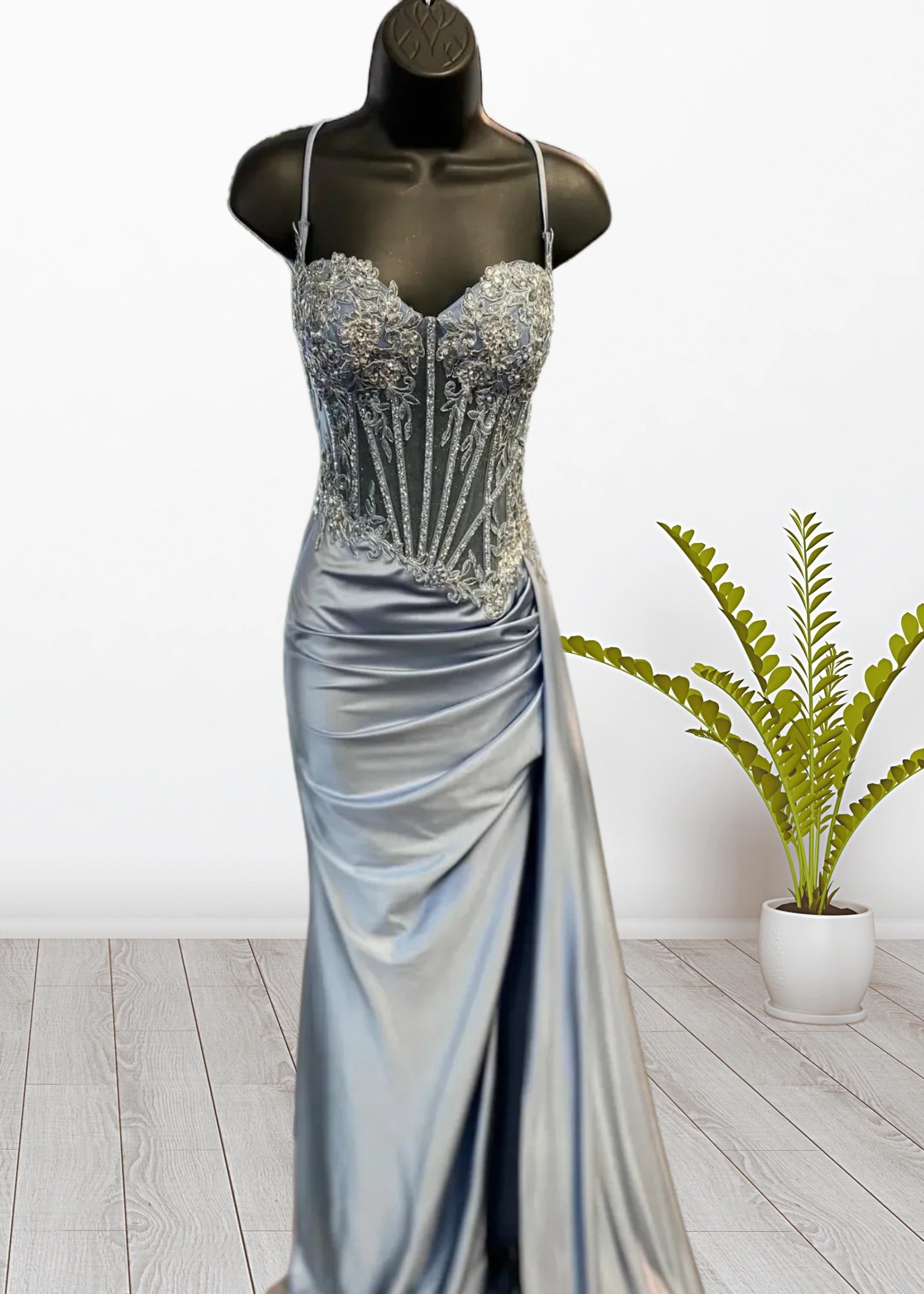 Paula | Silver Emerald Green Mermaid Corset Pleated Satin Formal Dress with Train - Dusty Blue - PromDressClub